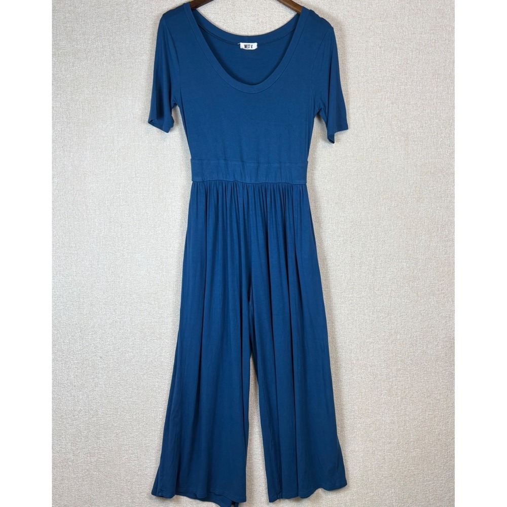 West K Teal Blue Wide Leg Jumpsuit Short Sleeve Scoop Neck Modal Size Medium